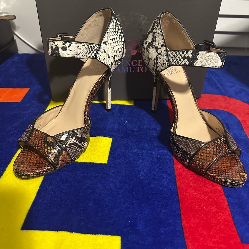 Vince Camuto Brown and Black Snakeskin Heels